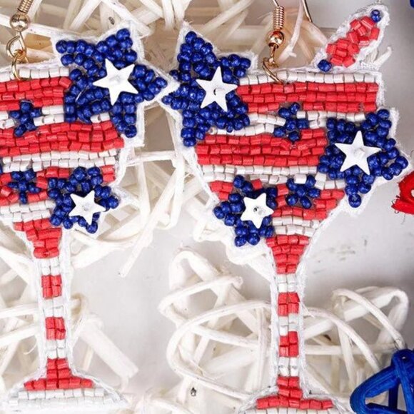VIOLA Patriotic Cocktail Glass Seed Bead Pierced Earrings NWT - Picture 2 of 2